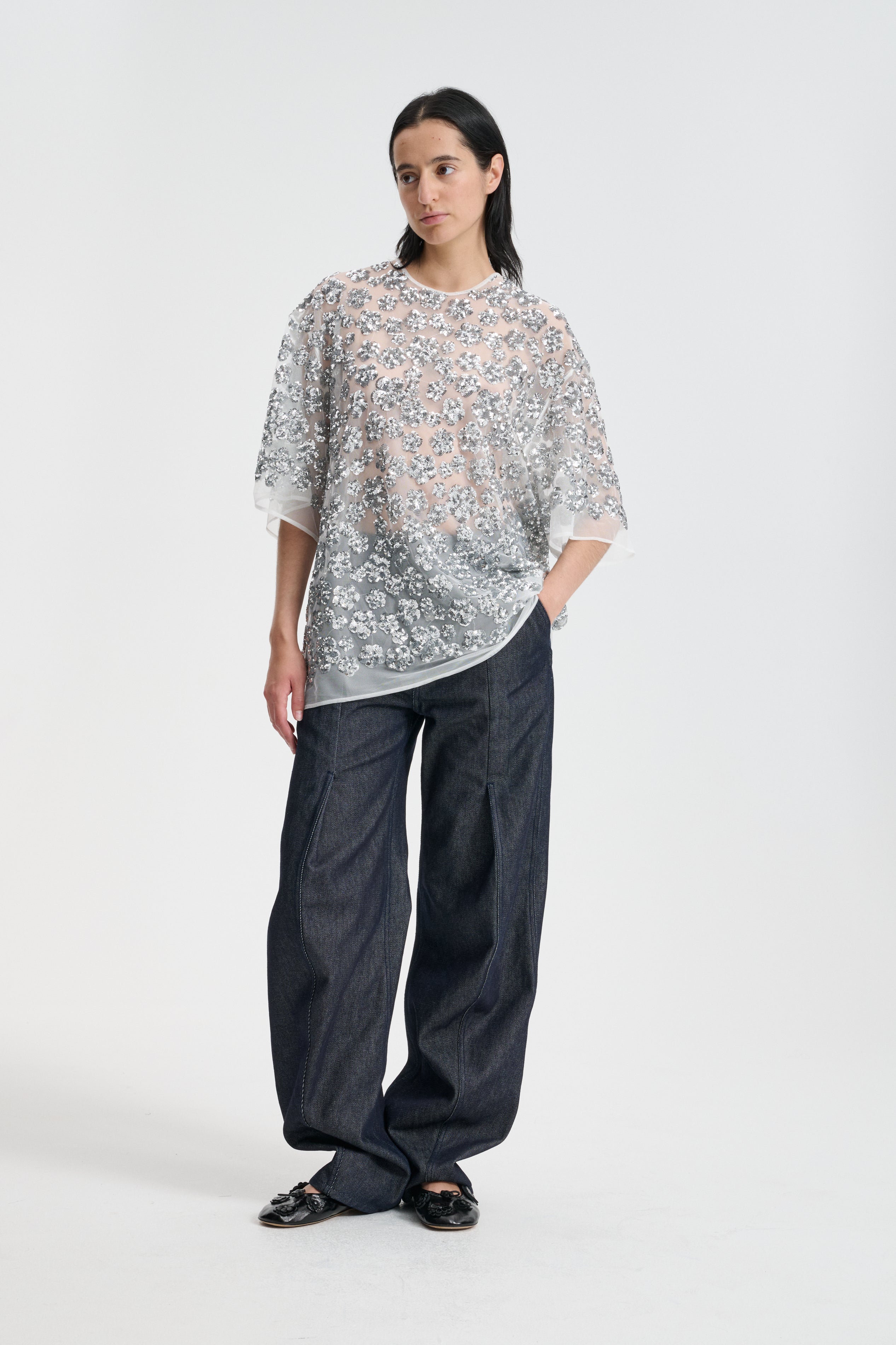 ASRA | TOP UME FLORAL SEQUINS SILVER