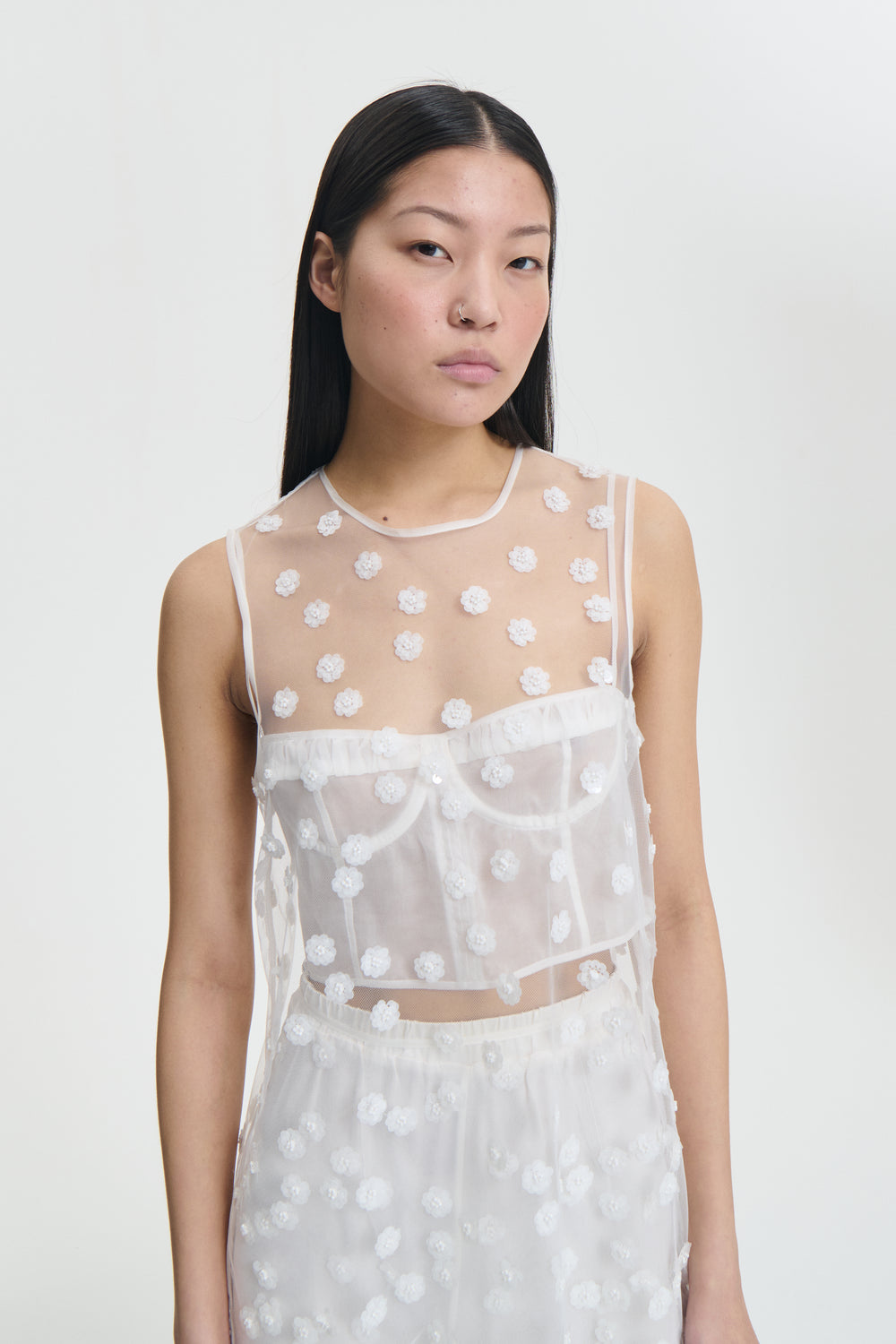 UTANIA | TOP SEQUIN BLOSSOM TULLE WHITE